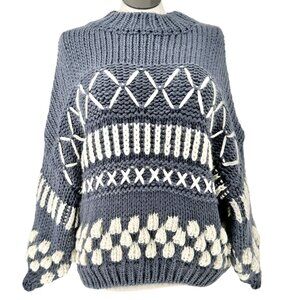 GeeGee Sweater Womens M Oversized Pullover Acrylic Slate Blue and White Knit